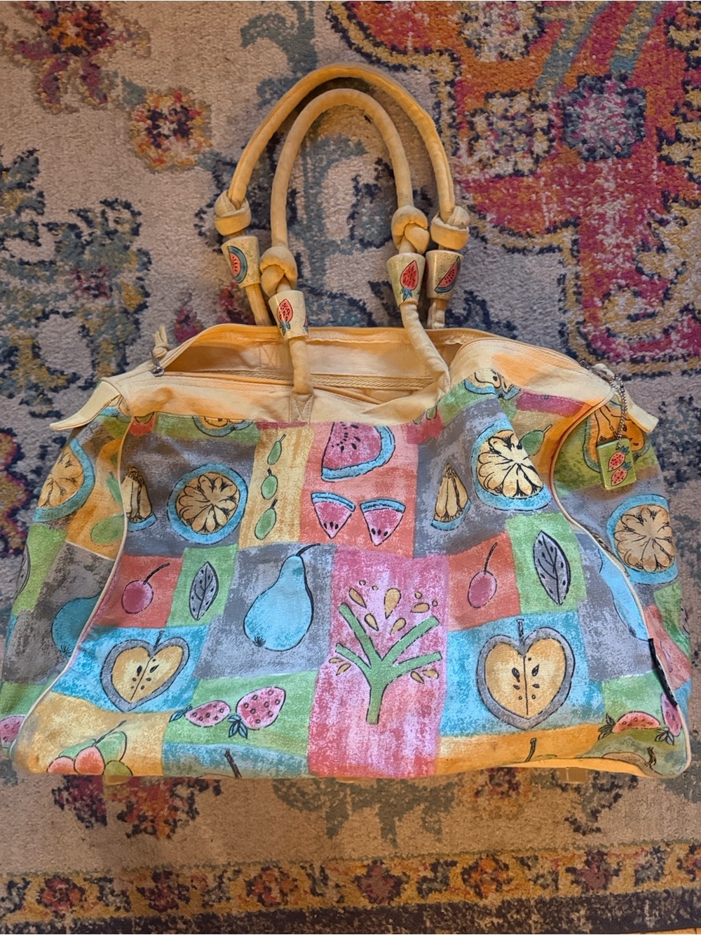 Yellow Multicolor Fruit-Pattern Canvas Tote Bag